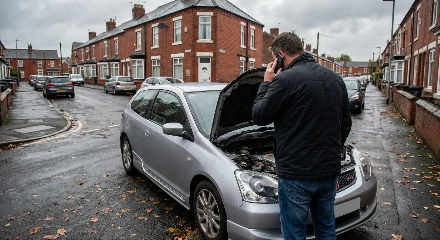 Person looking at car engine with bonnet open while making a phone call to arrange mobile mechanic service